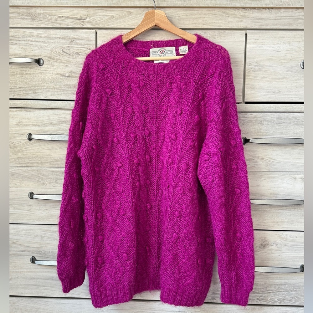 Vintage CABIN FEVER Mohair Hand Knit 3D Sweater Womens Size L Pink Fuchsia color